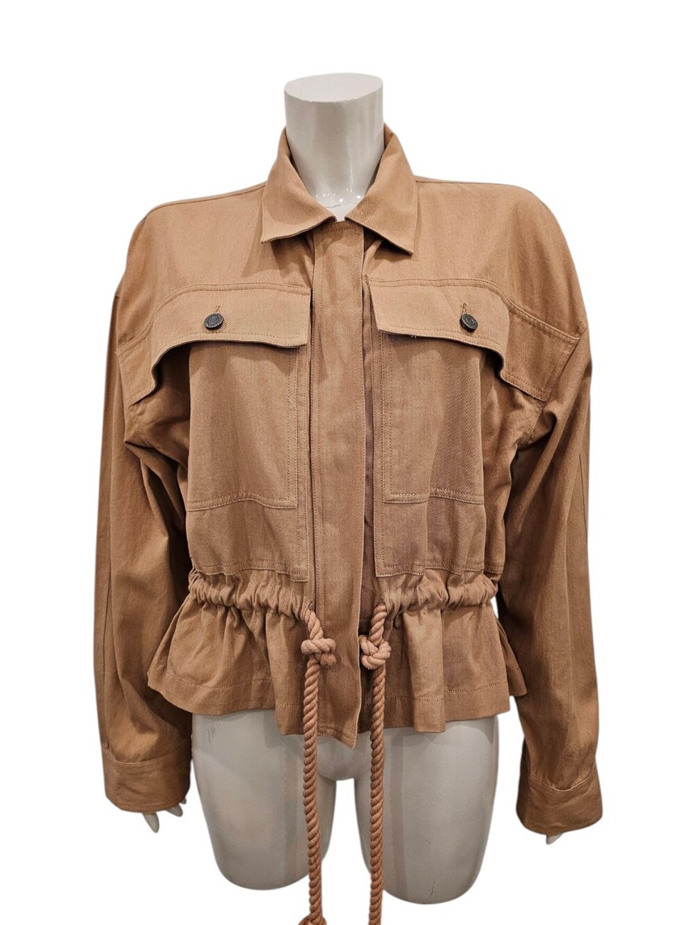 Nwt CLEOBELLA Jasper Women Tan Organic Cotton Full Zip Cinch Tie Waist Jacket L